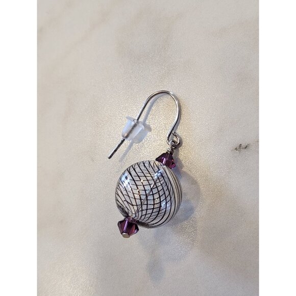 Sterling Silver Dangle Earrings W/ Swarovski Elements Purple Beads Textured Ball - Picture 4 of 5
